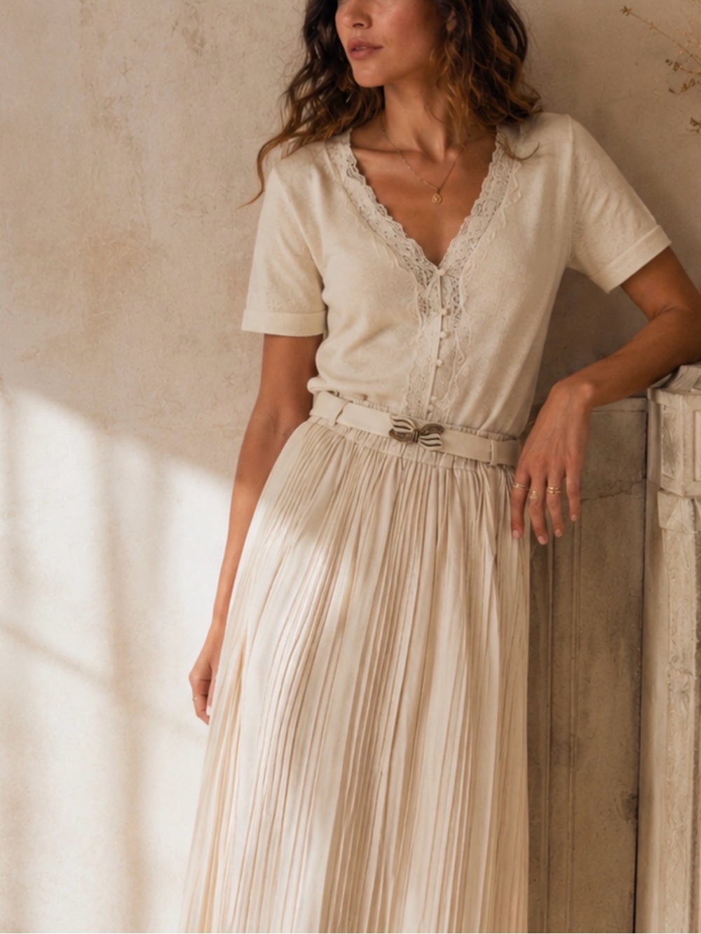 Vintage Cream Pleated Women’s Skirt